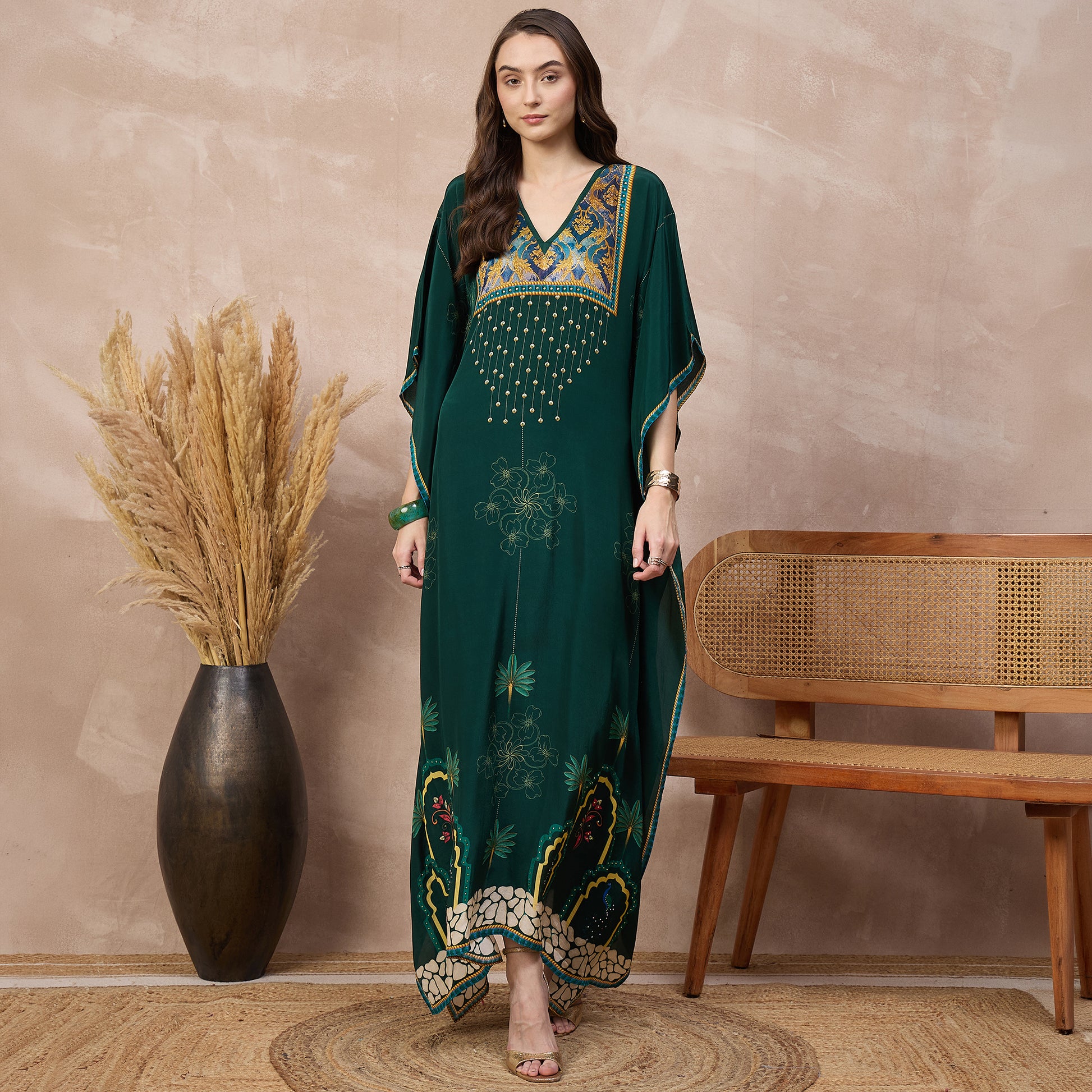 Green Floral Print Kaftan for Women – Viscose Crepe | First Resort by Ramola Bachchan