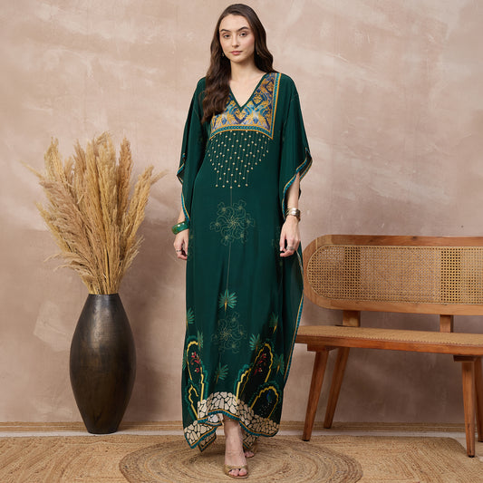 Green Floral Print Kaftan for Women – Viscose Crepe | First Resort by Ramola Bachchan