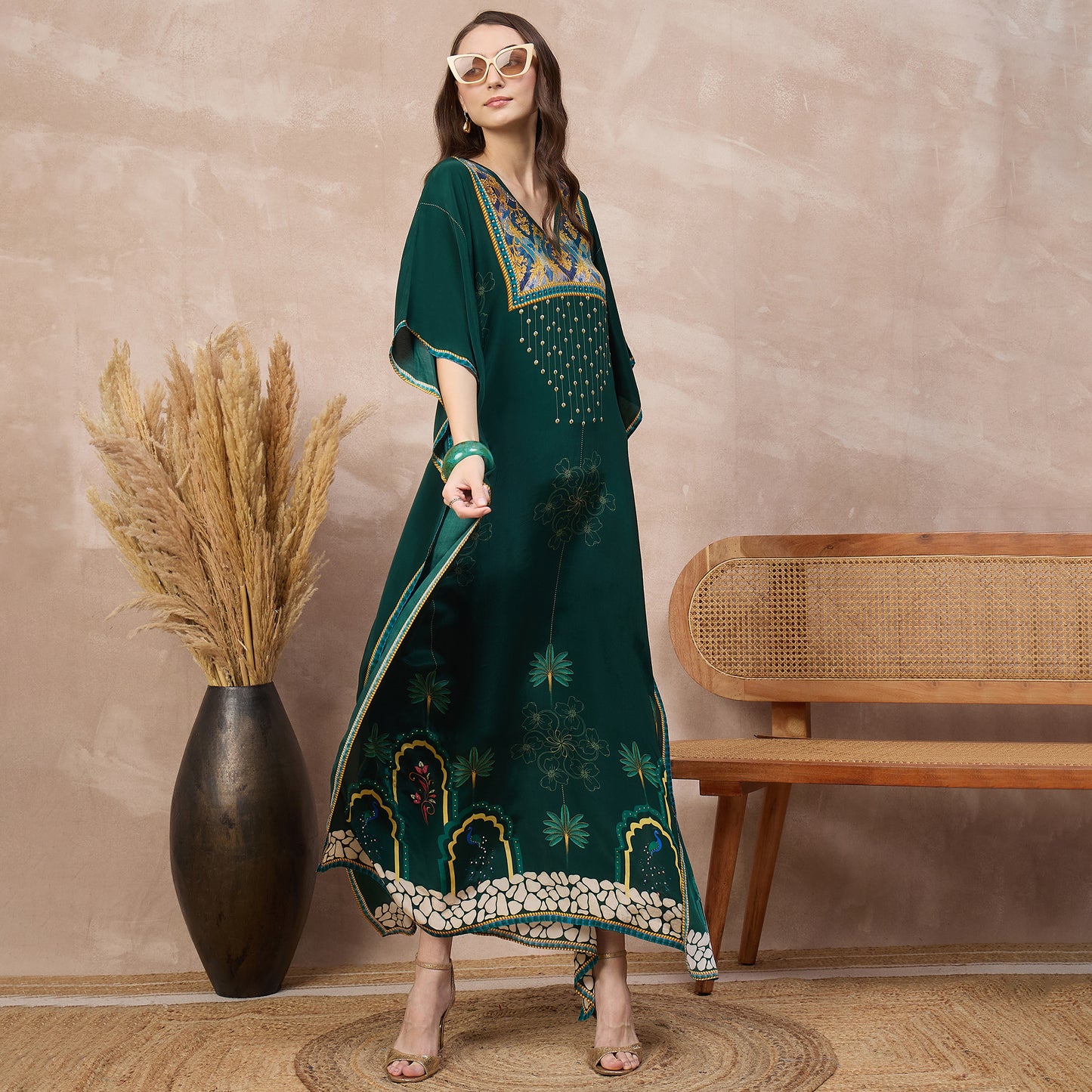 Green Floral Print Kaftan for Women – Viscose Crepe – Front View | First Resort by Ramola Bachchan