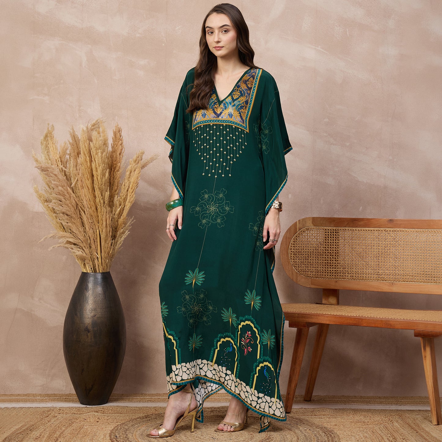 Green Floral Print Kaftan for Women – Viscose Crepe – Model View | First Resort by Ramola Bachchan