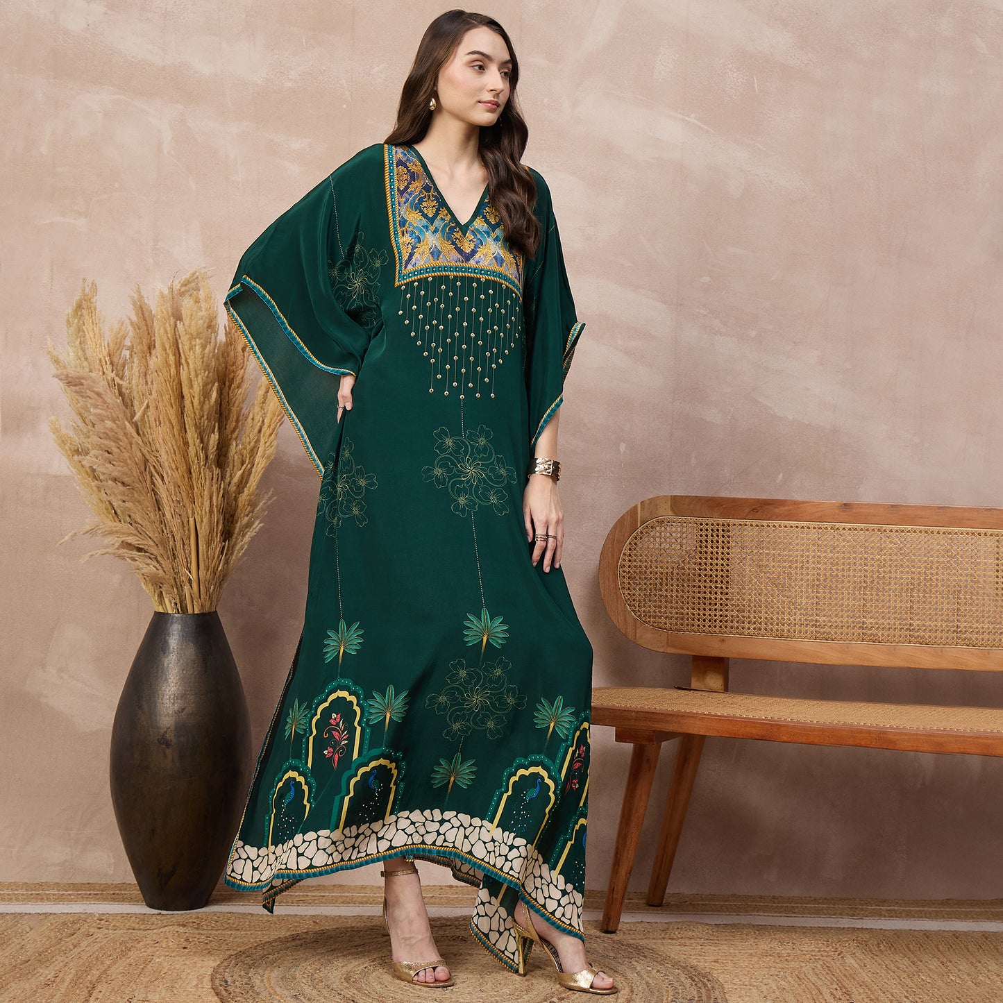 Green Floral Print Kaftan for Women – Viscose Crepe – Side View | First Resort by Ramola Bachchan