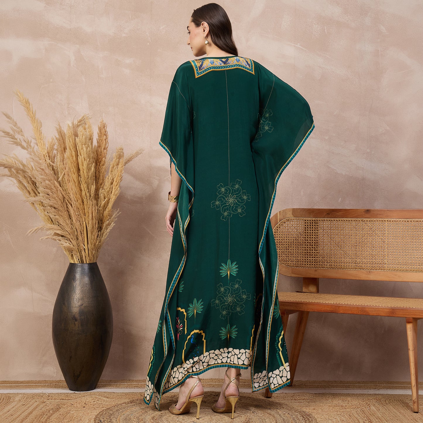 Green Floral Print Kaftan for Women – Viscose Crepe – Detail View | First Resort by Ramola Bachchan