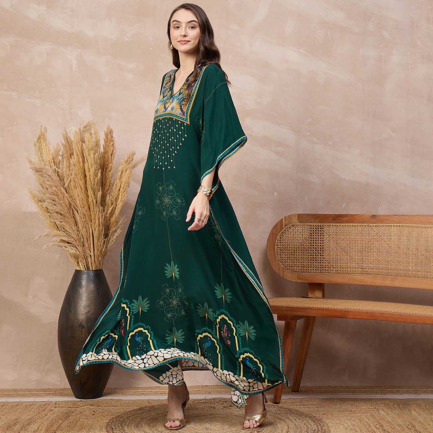 Green Floral Print Kaftan for Women – Viscose Crepe – Back View | First Resort by Ramola Bachchan