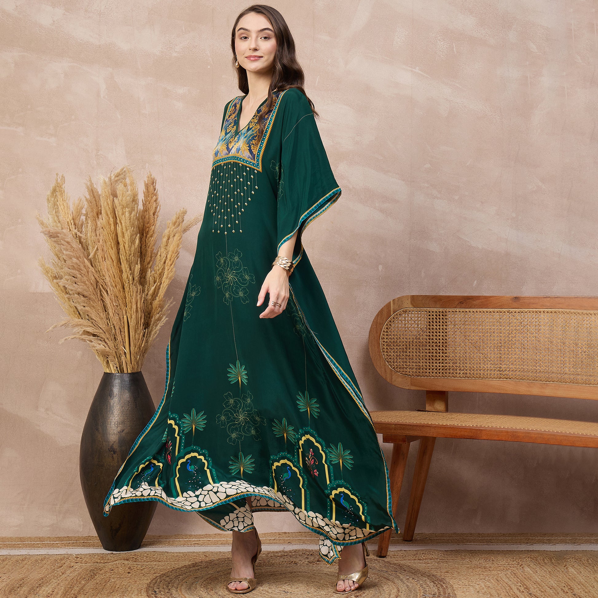 Green Floral Print Kaftan for Women – Viscose Crepe – Back View | First Resort by Ramola Bachchan