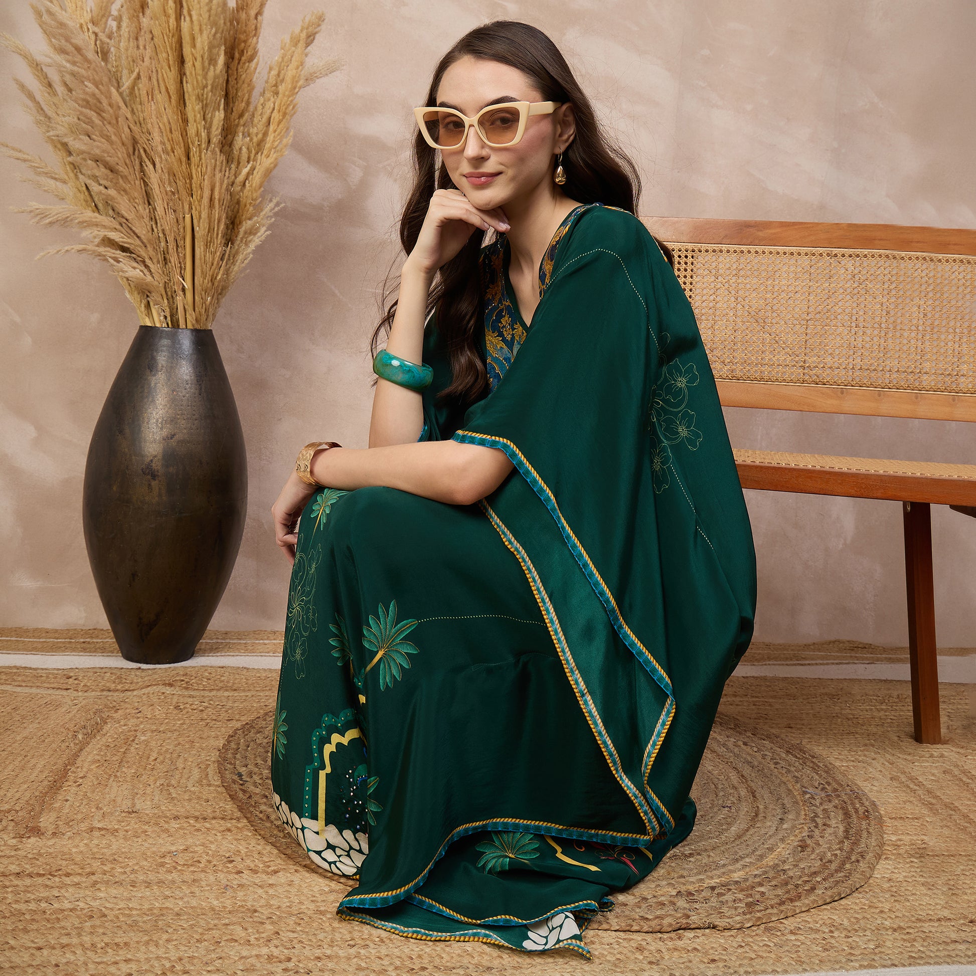 Green Floral Print Kaftan for Women – Viscose Crepe | First Resort by Ramola Bachchan