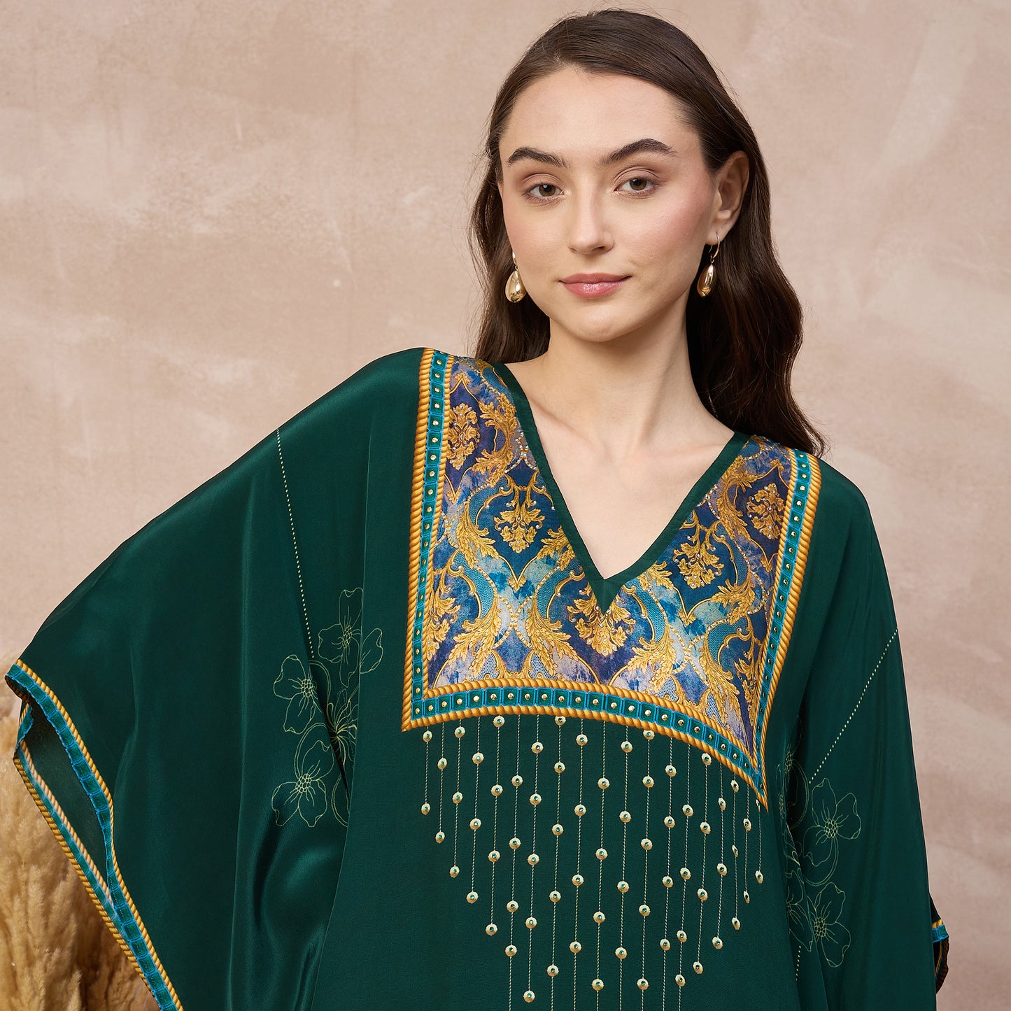 Green Floral Print Kaftan for Women – Viscose Crepe | First Resort by Ramola Bachchan