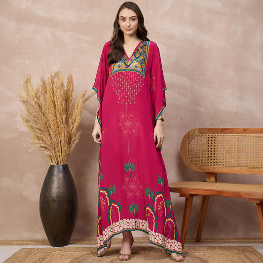 Magenta Floral Print Kaftan for Women – Viscose Crepe | First Resort by Ramola Bachchan