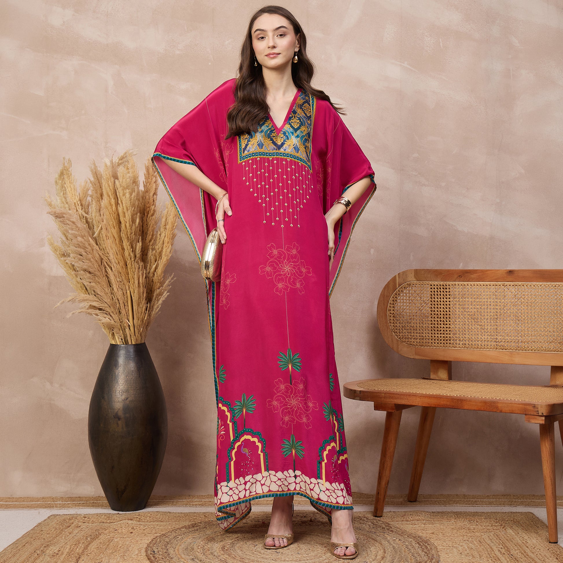 Magenta Floral Print Kaftan for Women – Viscose Crepe – Front View | First Resort by Ramola Bachchan