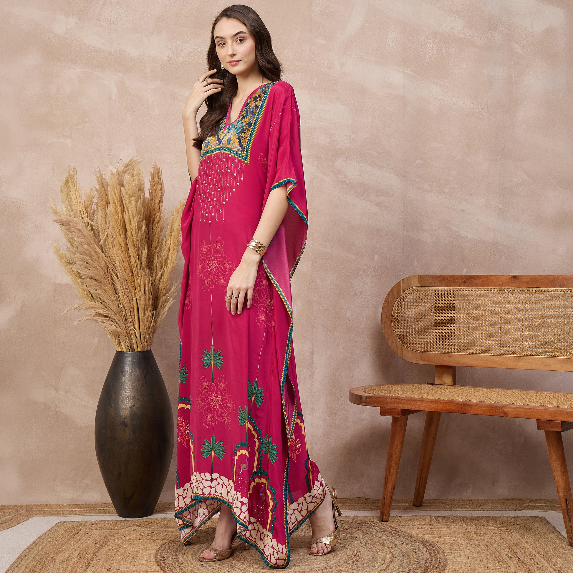 Magenta Floral Print Kaftan for Women – Viscose Crepe – Model View | First Resort by Ramola Bachchan