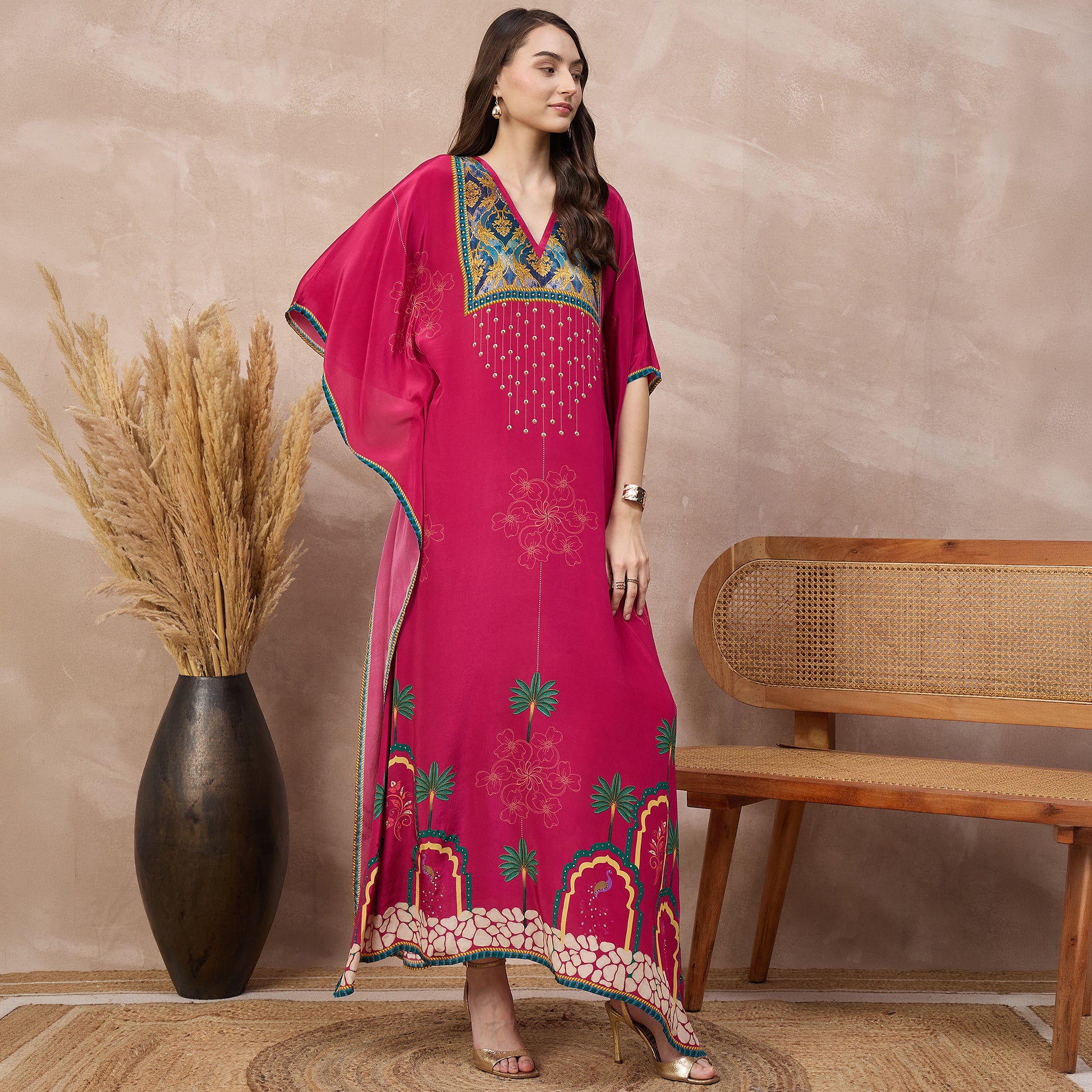 Magenta Floral Print Kaftan for Women – Viscose Crepe – Side View | First Resort by Ramola Bachchan