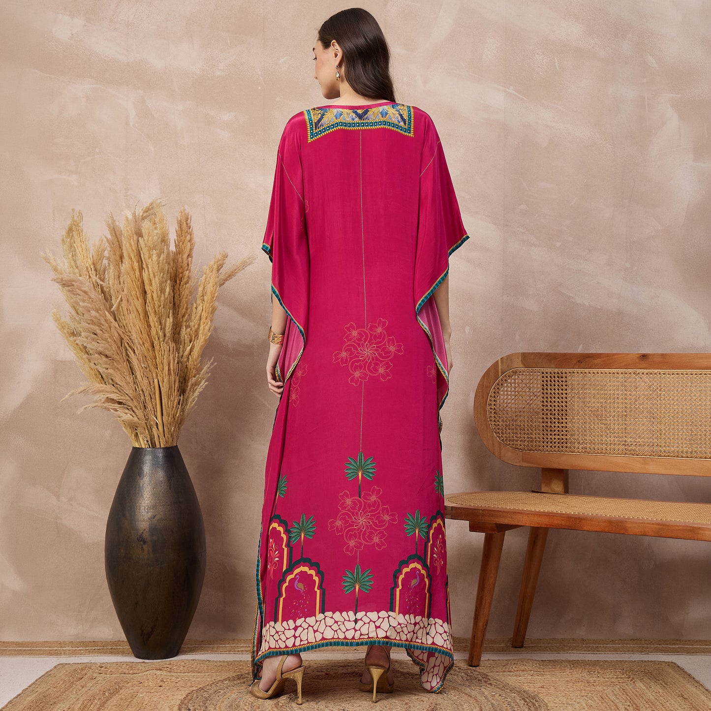 Magenta Floral Print Kaftan for Women – Viscose Crepe – Detail View | First Resort by Ramola Bachchan