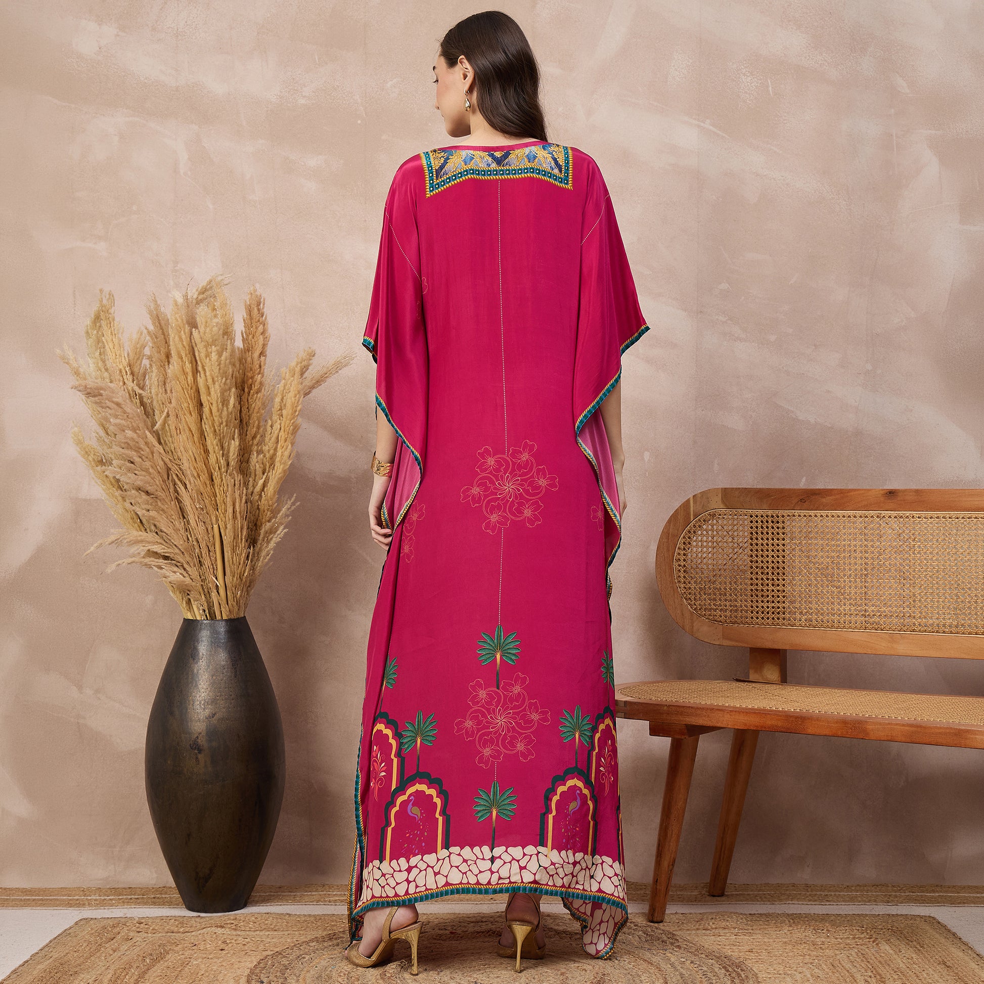 Magenta Floral Print Kaftan for Women – Viscose Crepe – Detail View | First Resort by Ramola Bachchan