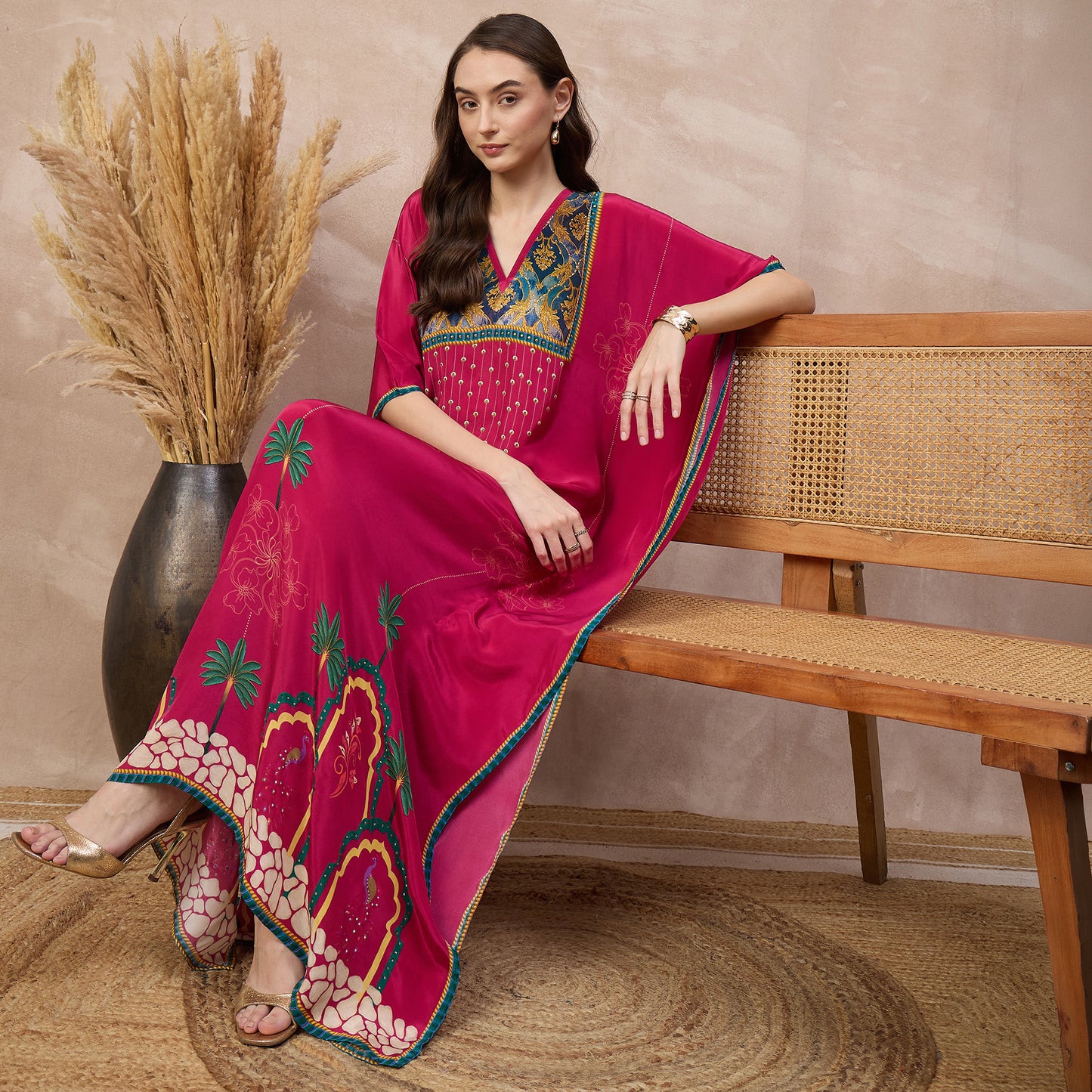 Magenta Floral Print Kaftan for Women – Viscose Crepe – Back View | First Resort by Ramola Bachchan