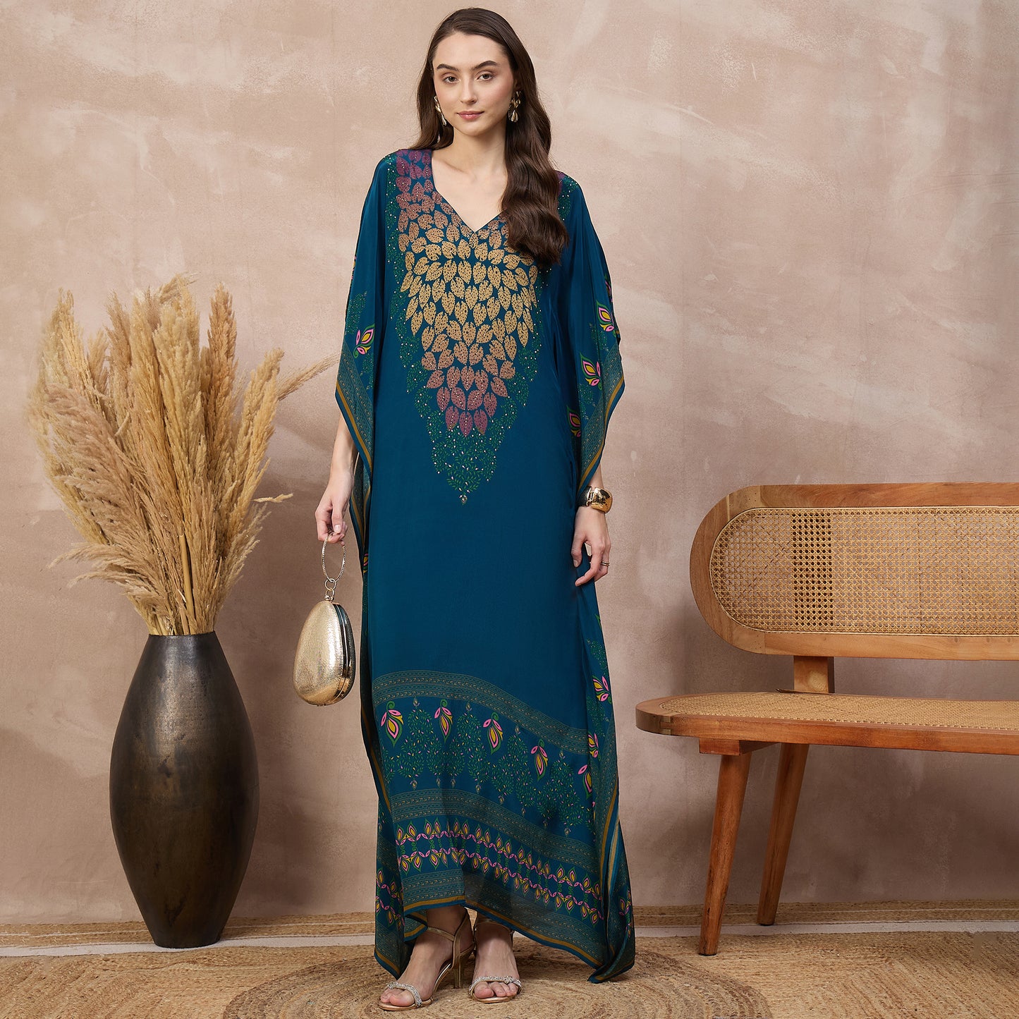 Blue Jewel Print Kaftan for Women – Viscose Crepe – Front View | First Resort by Ramola Bachchan