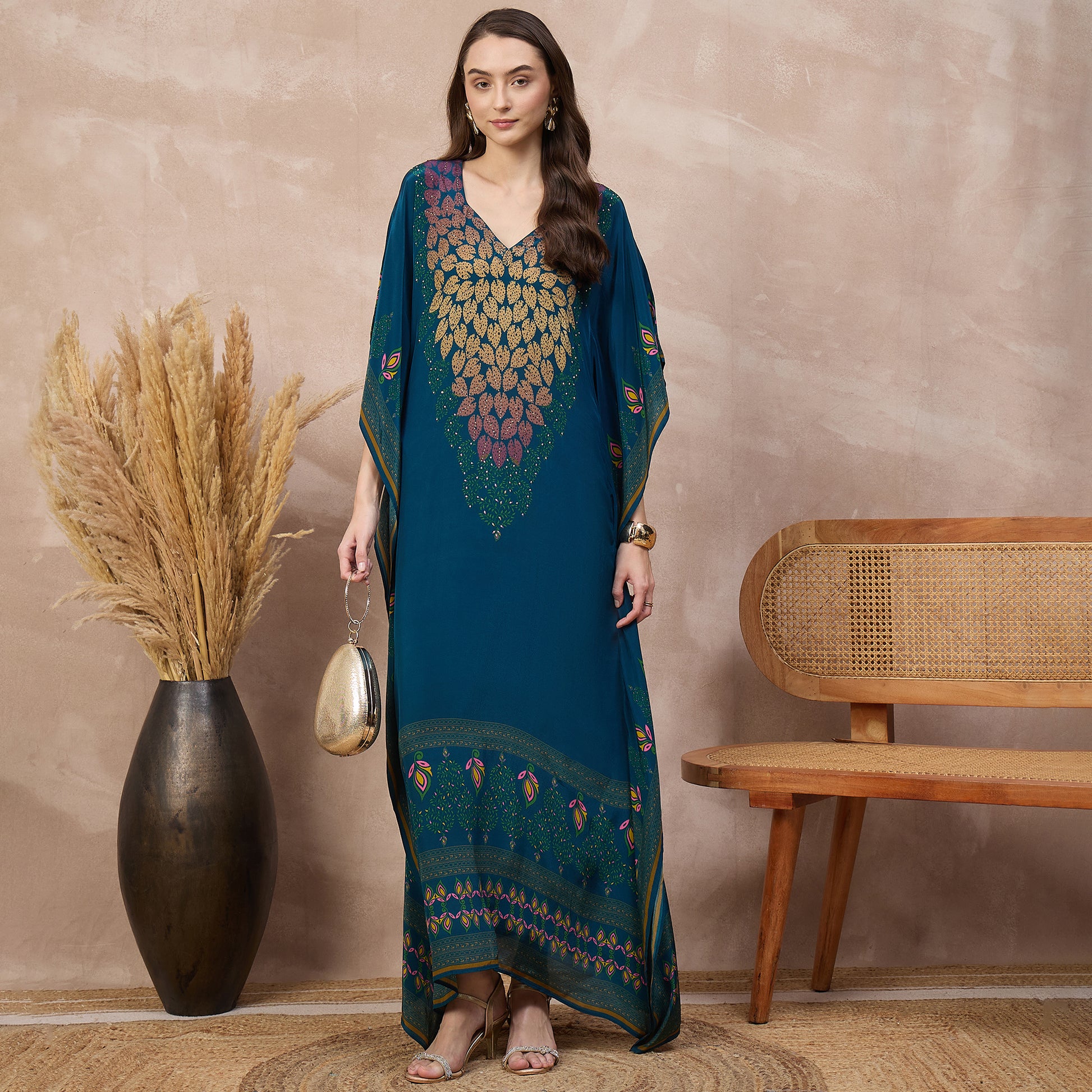 Blue Jewel Print Kaftan for Women – Viscose Crepe – Front View | First Resort by Ramola Bachchan