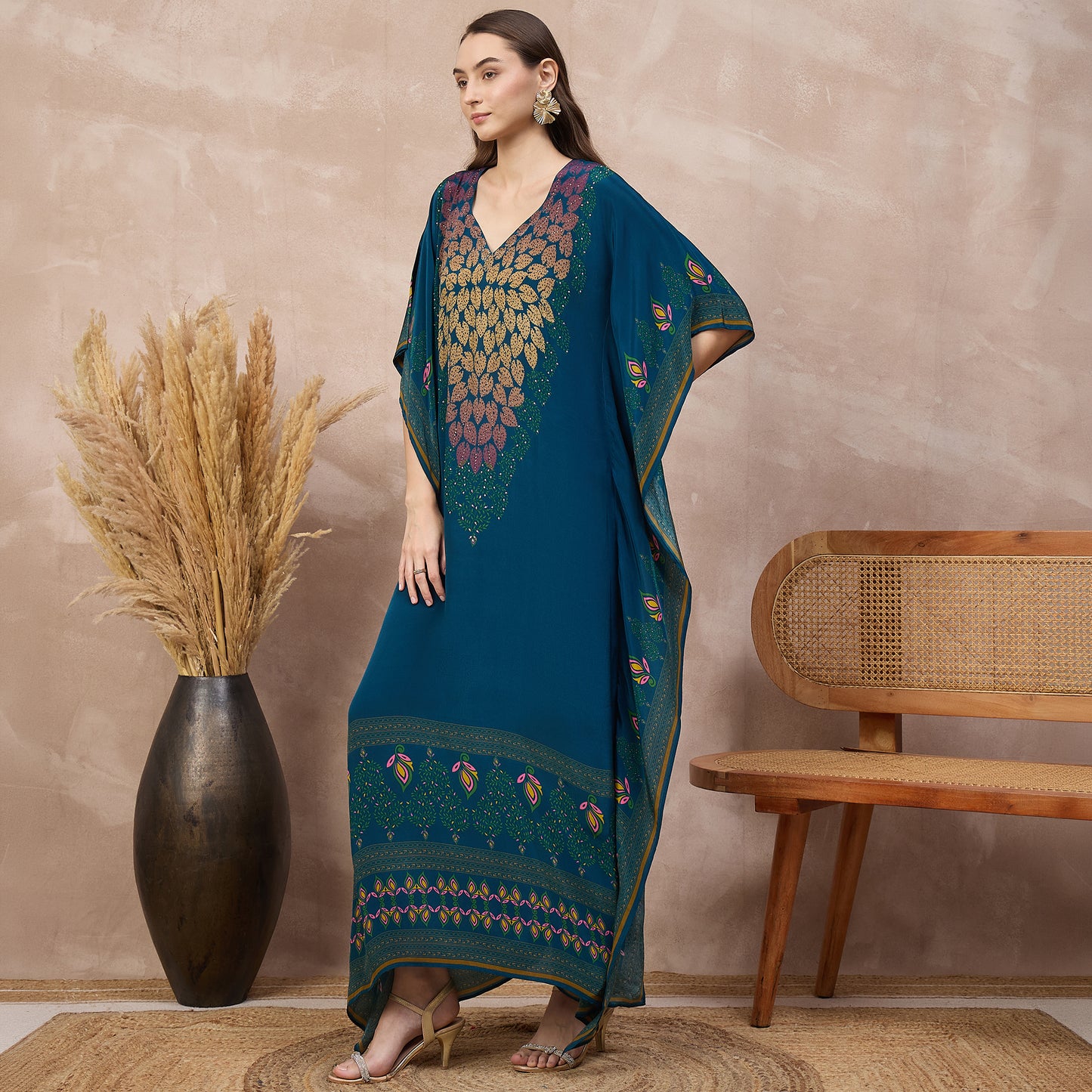 Blue Jewel Print Kaftan for Women – Viscose Crepe – Model View | First Resort by Ramola Bachchan