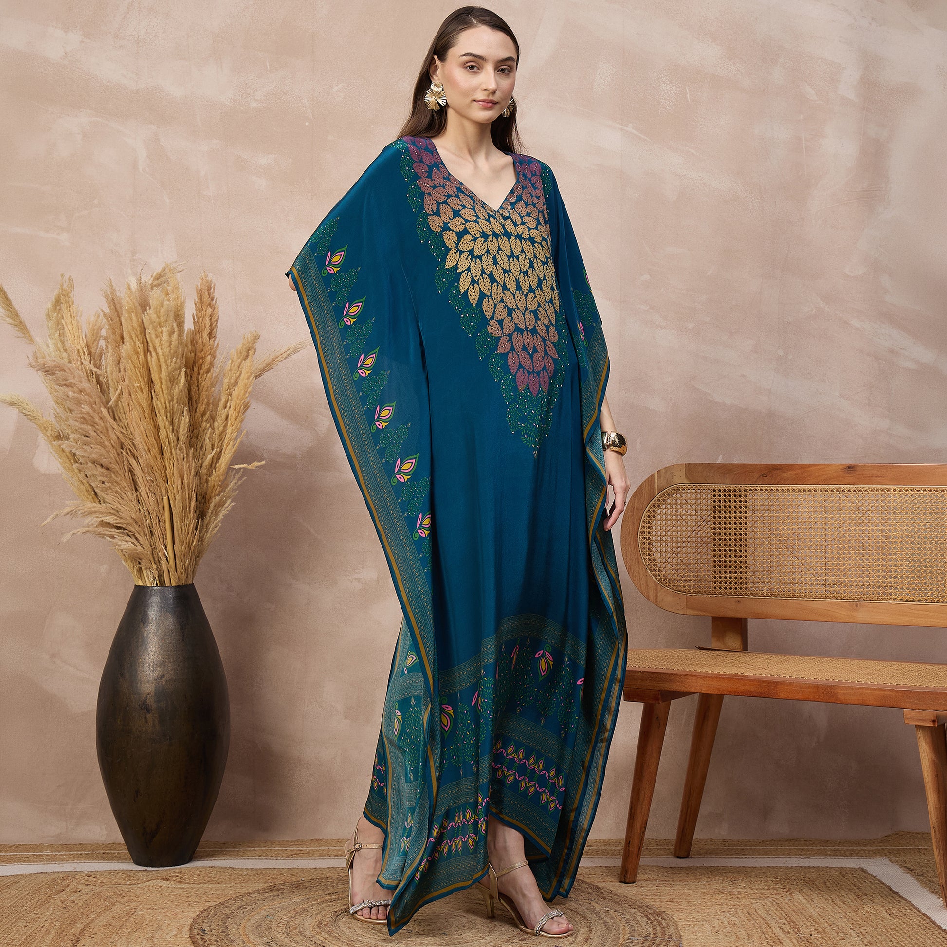 Blue Jewel Print Kaftan for Women – Viscose Crepe – Side View | First Resort by Ramola Bachchan