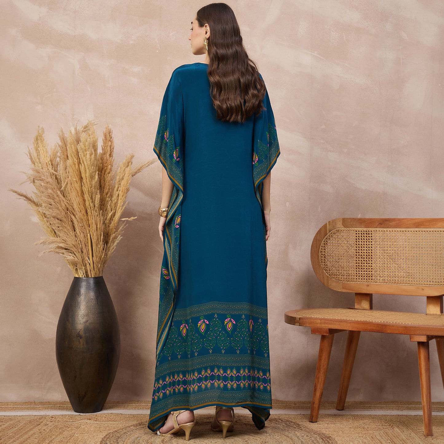 Blue Jewel Print Kaftan for Women – Viscose Crepe – Detail View | First Resort by Ramola Bachchan