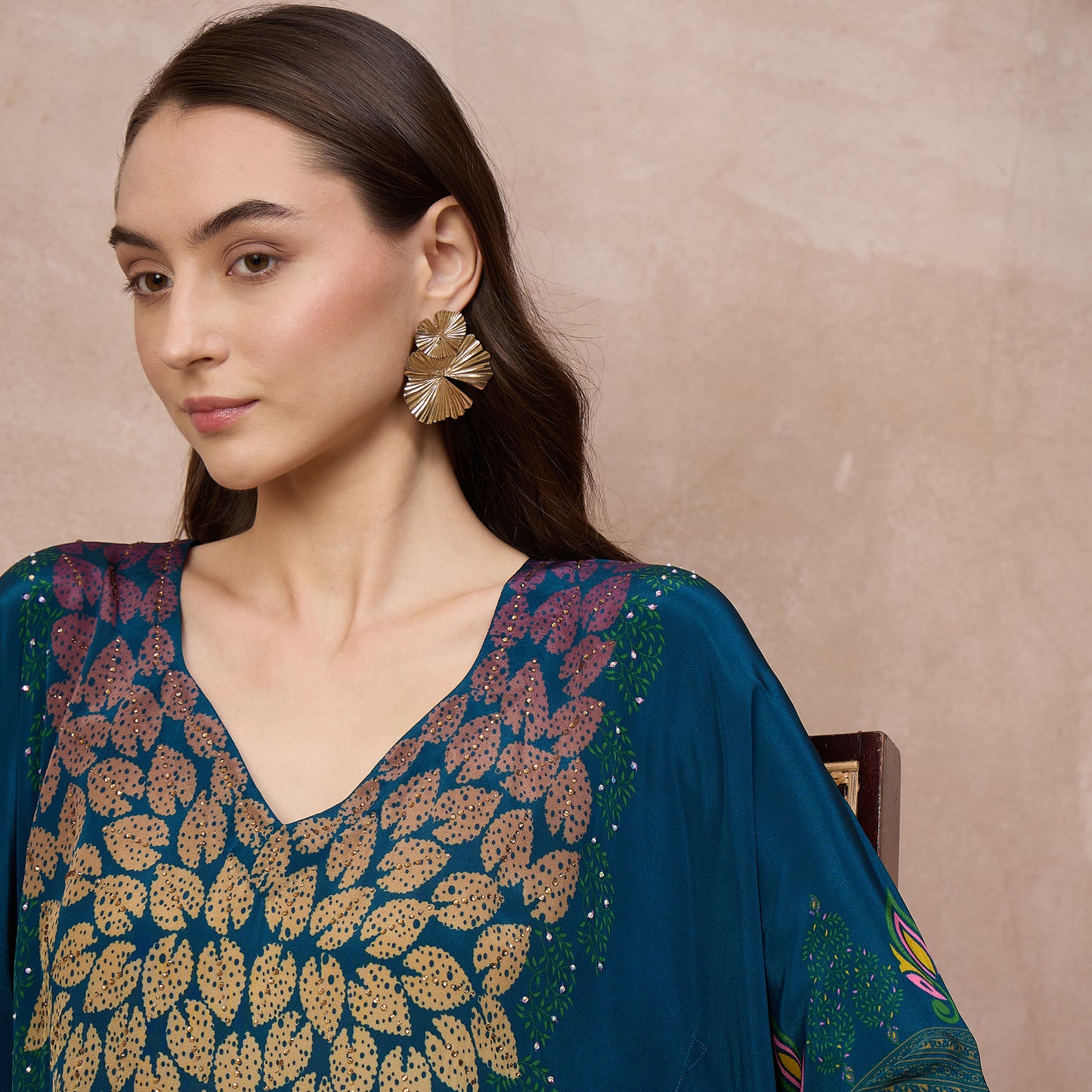 Blue Jewel Print Kaftan for Women – Viscose Crepe – Back View | First Resort by Ramola Bachchan