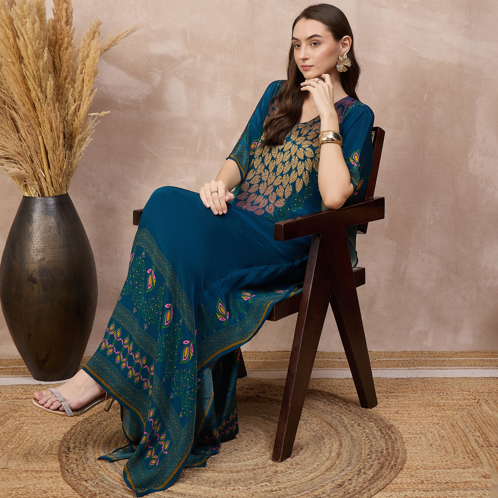 Blue Jewel Print Kaftan for Women – Viscose Crepe – Close Up | First Resort by Ramola Bachchan