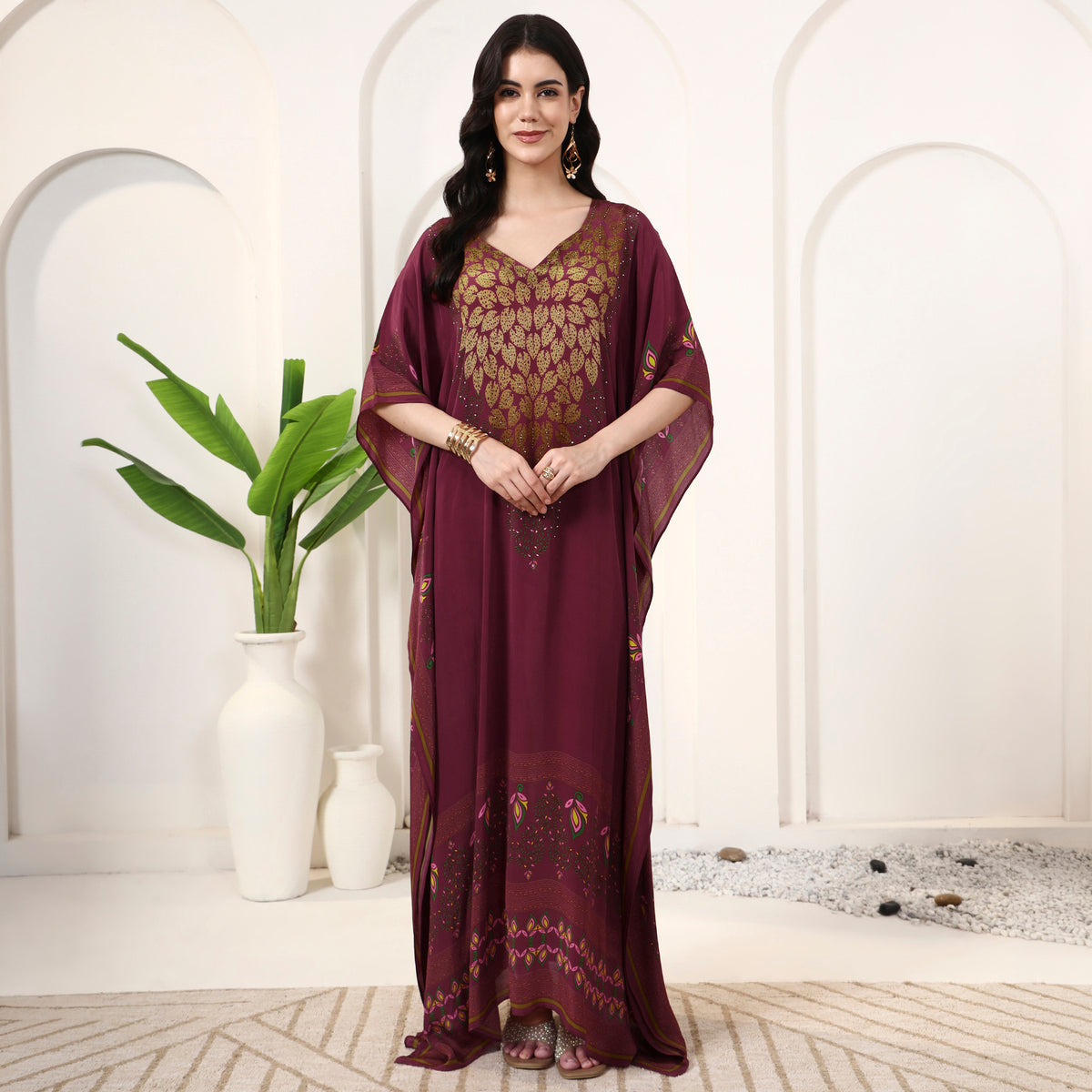 Red Jewel Print Kaftan for Women – Viscose Crepe | First Resort by Ramola Bachchan