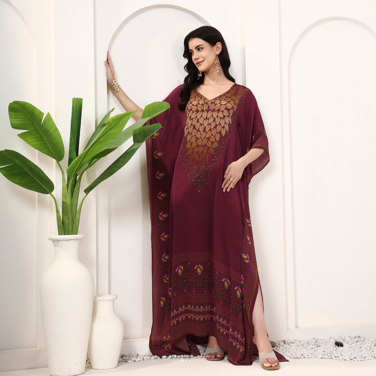 Red Jewel Print Kaftan for Women – Viscose Crepe – Front View | First Resort by Ramola Bachchan