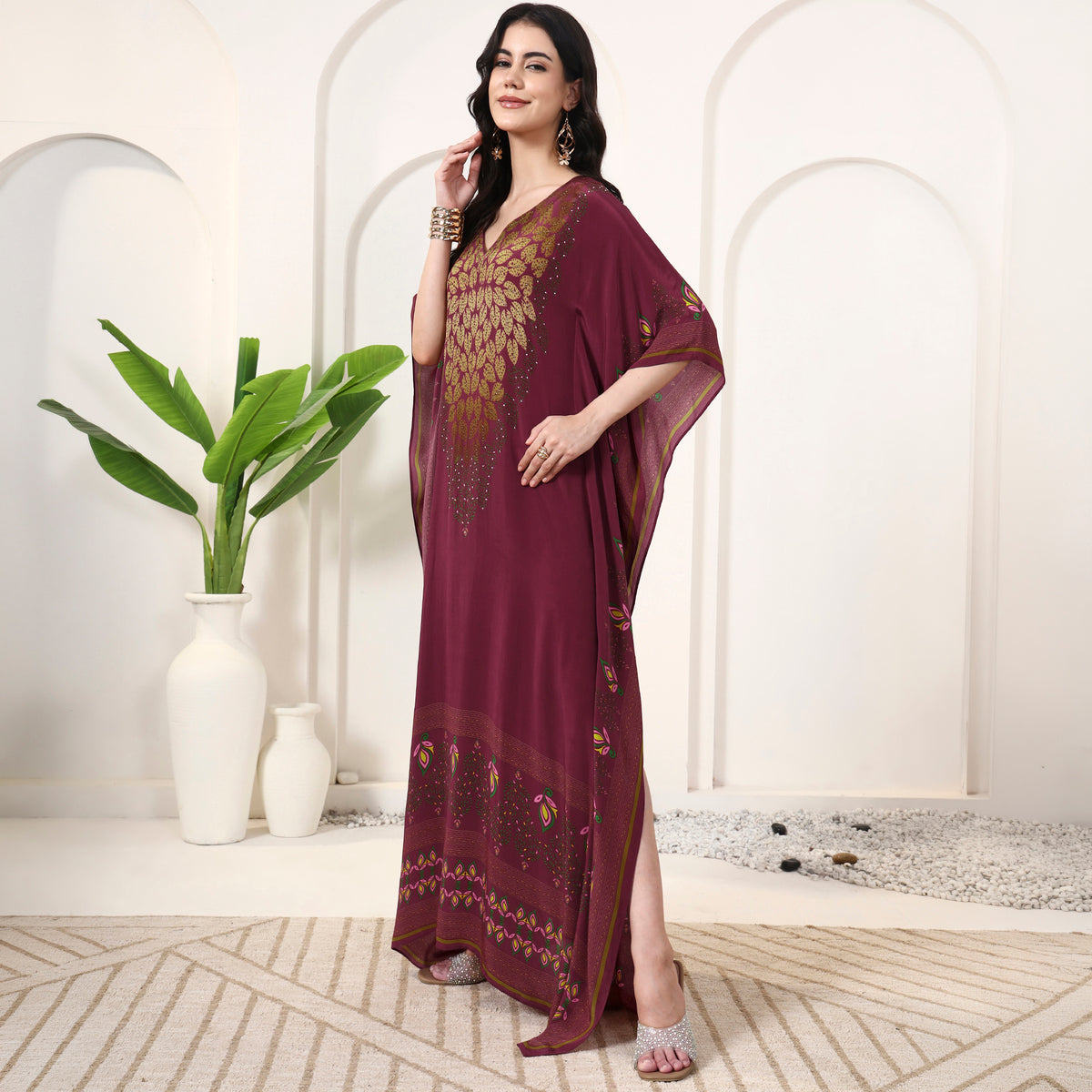 Red Jewel Print Kaftan for Women – Viscose Crepe – Model View | First Resort by Ramola Bachchan