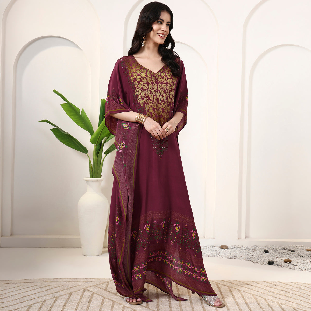 Red Jewel Print Kaftan for Women – Viscose Crepe – Side View | First Resort by Ramola Bachchan
