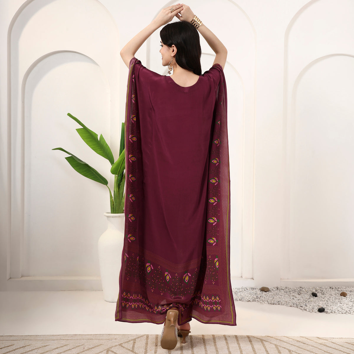 Red Jewel Print Kaftan for Women – Viscose Crepe – Detail View | First Resort by Ramola Bachchan