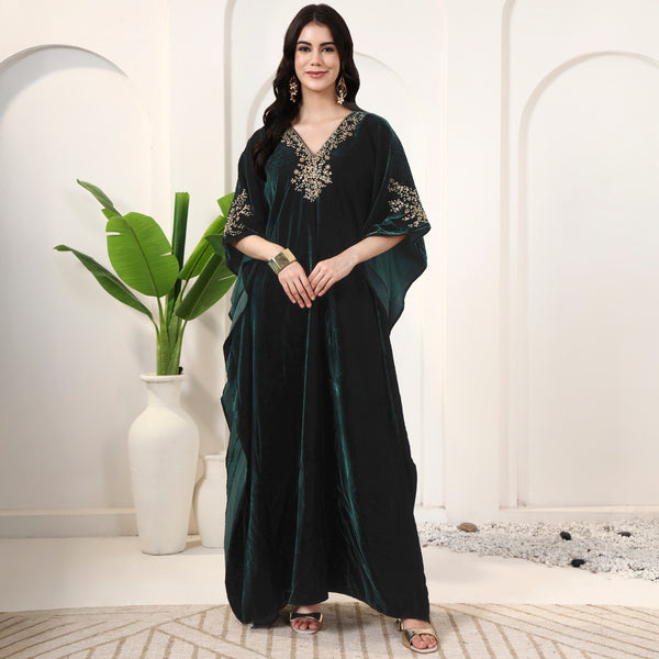 Green Kaftan for Women – Silk Velvet | First Resort by Ramola Bachchan