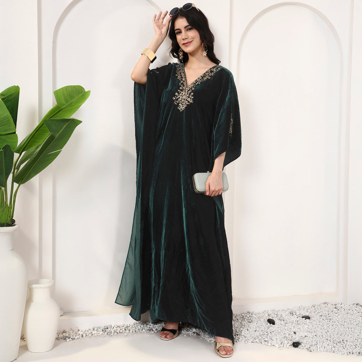 Green Kaftan for Women – Silk Velvet – Front View | First Resort by Ramola Bachchan