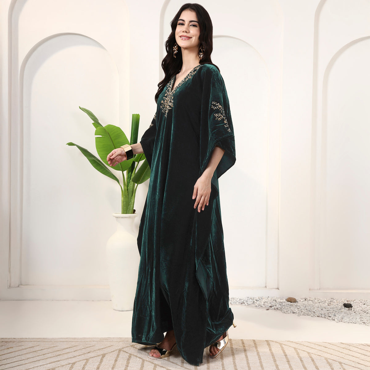 Green Kaftan for Women – Silk Velvet – Model View | First Resort by Ramola Bachchan
