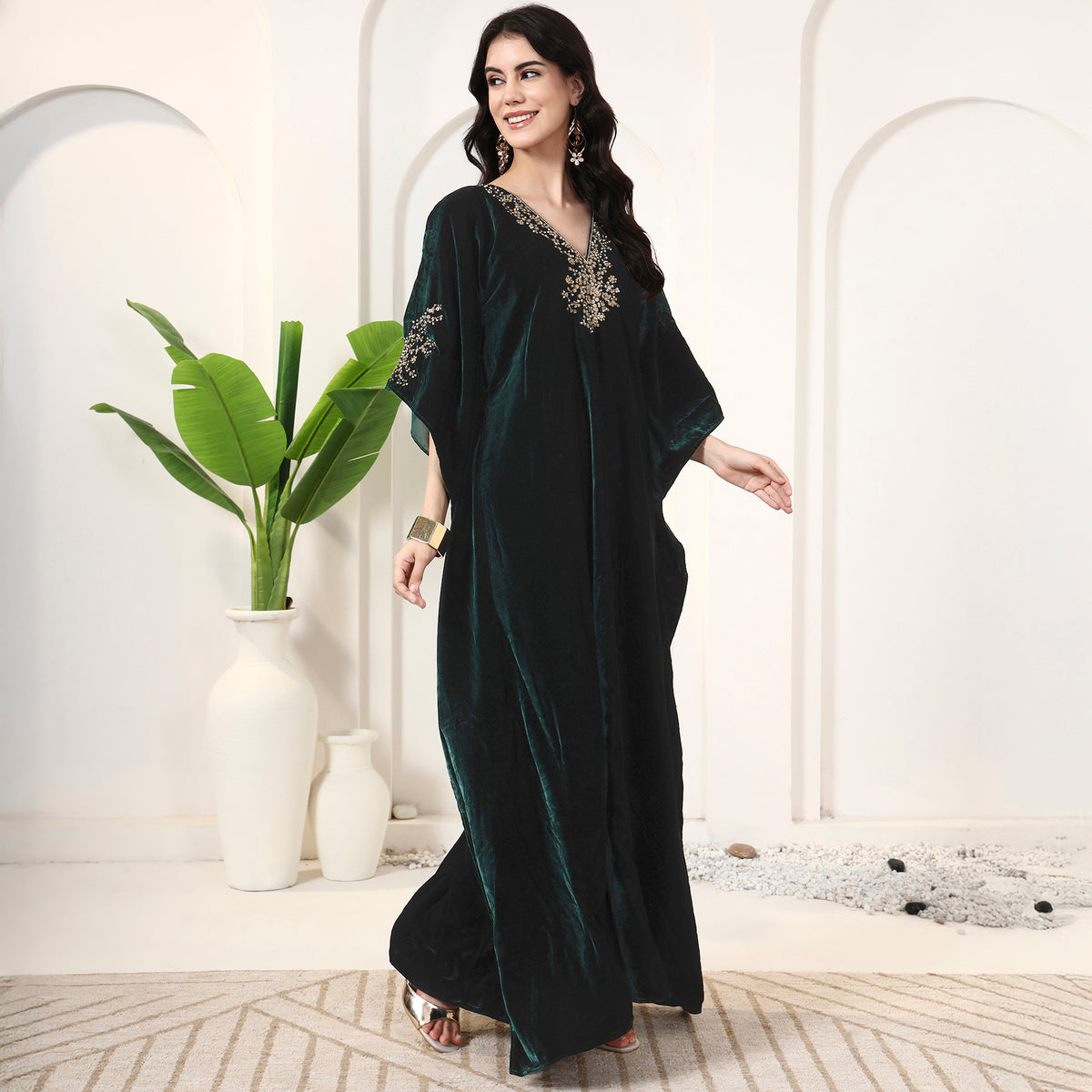 Green Kaftan for Women – Silk Velvet – Side View | First Resort by Ramola Bachchan