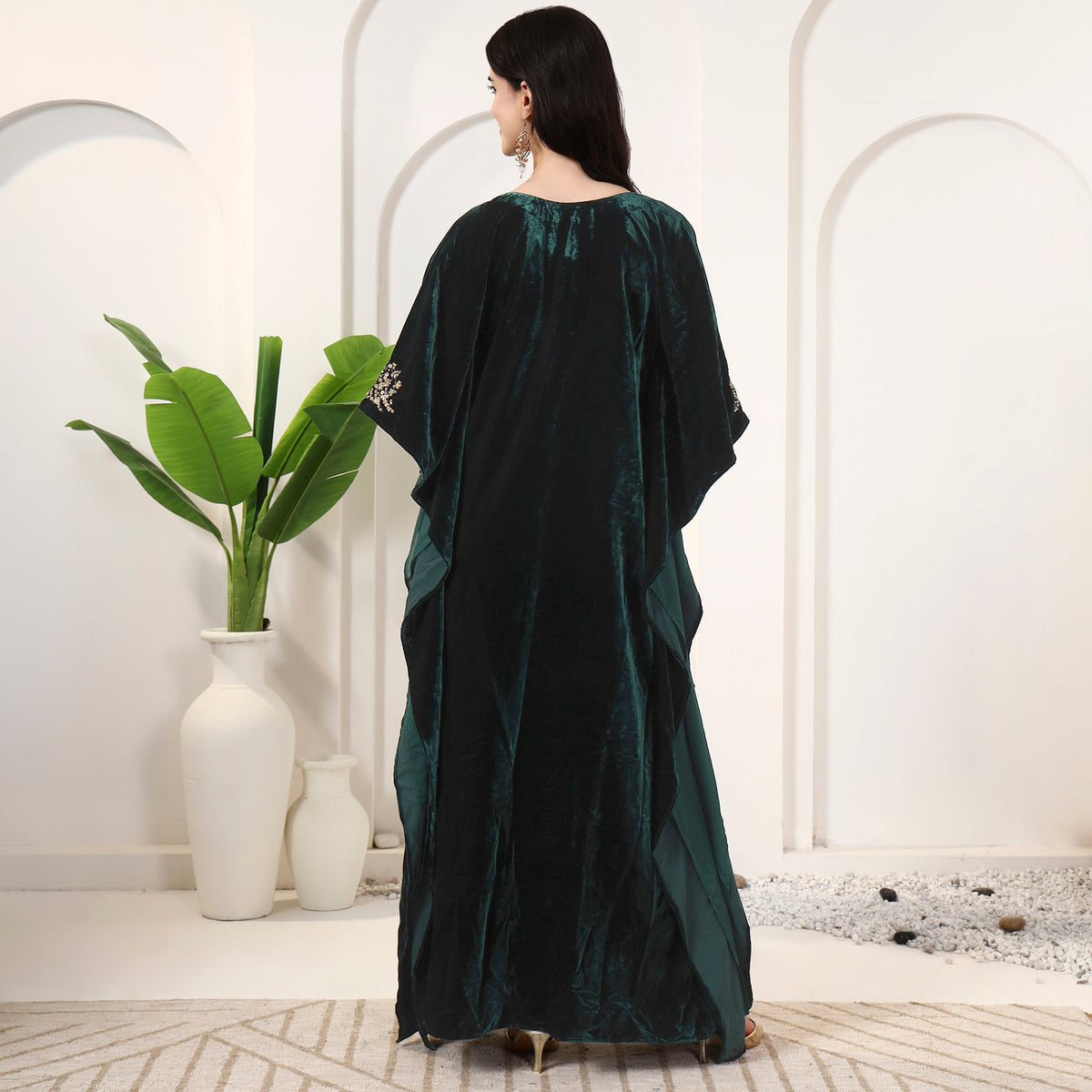 Green Kaftan for Women – Silk Velvet – Detail View | First Resort by Ramola Bachchan