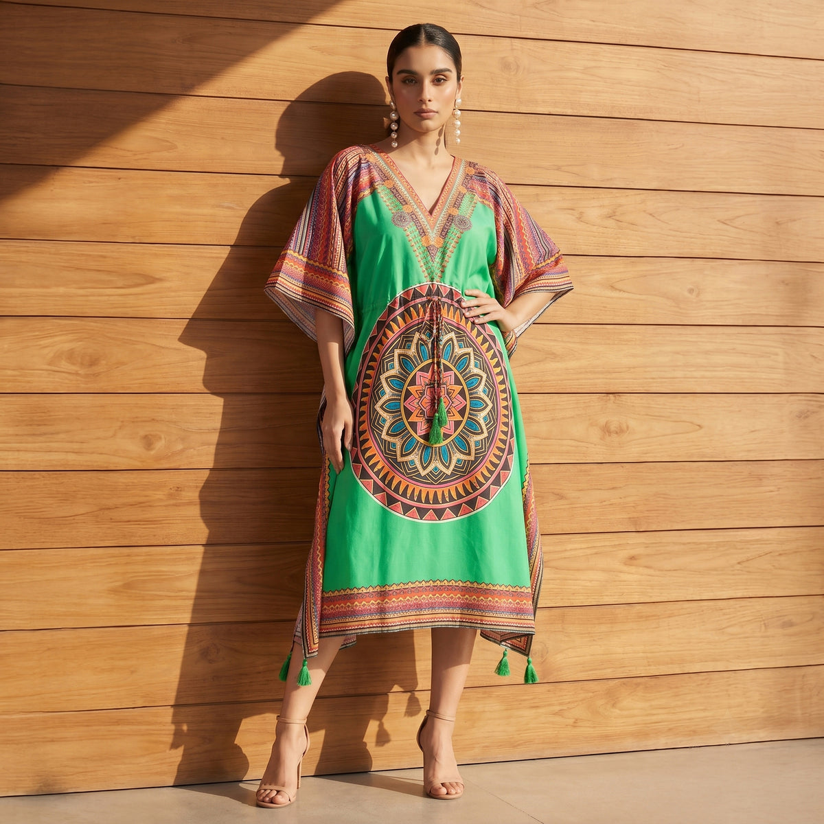 Green Tribal Print Kaftan for Women – Cotton Poplin | First Resort by Ramola Bachchan