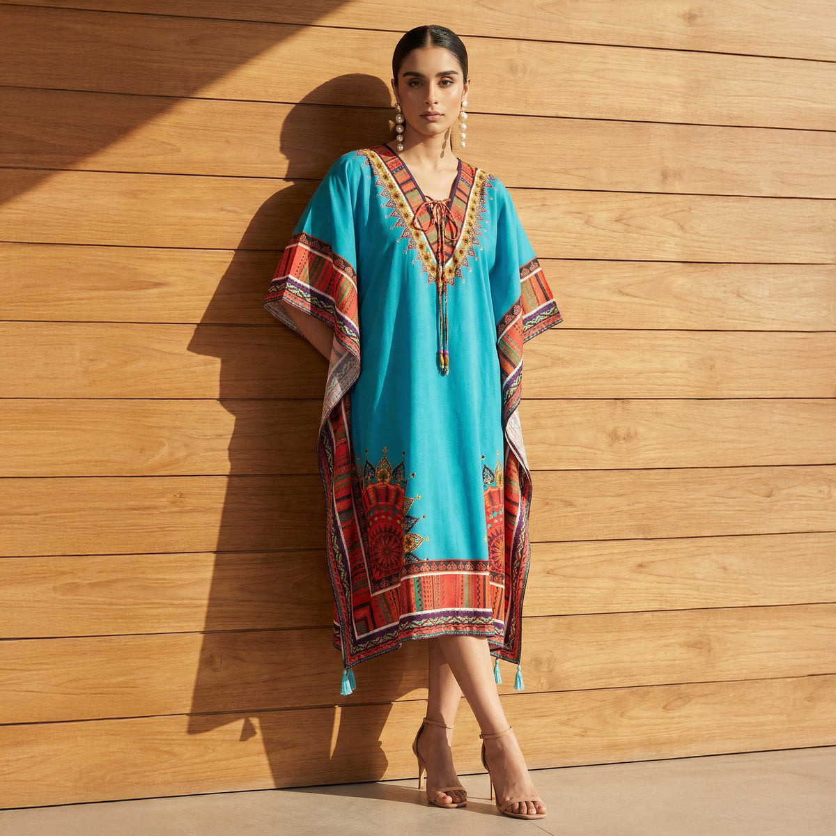 Sky Blue Tribal Print Kaftan for Women – Cotton Poplin | First Resort by Ramola Bachchan
