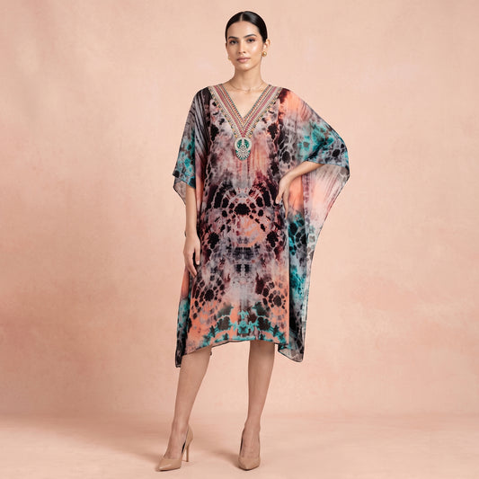 Multicolour Abstract Print Kaftan for Women – Embellished | First Resort by Ramola Bachchan