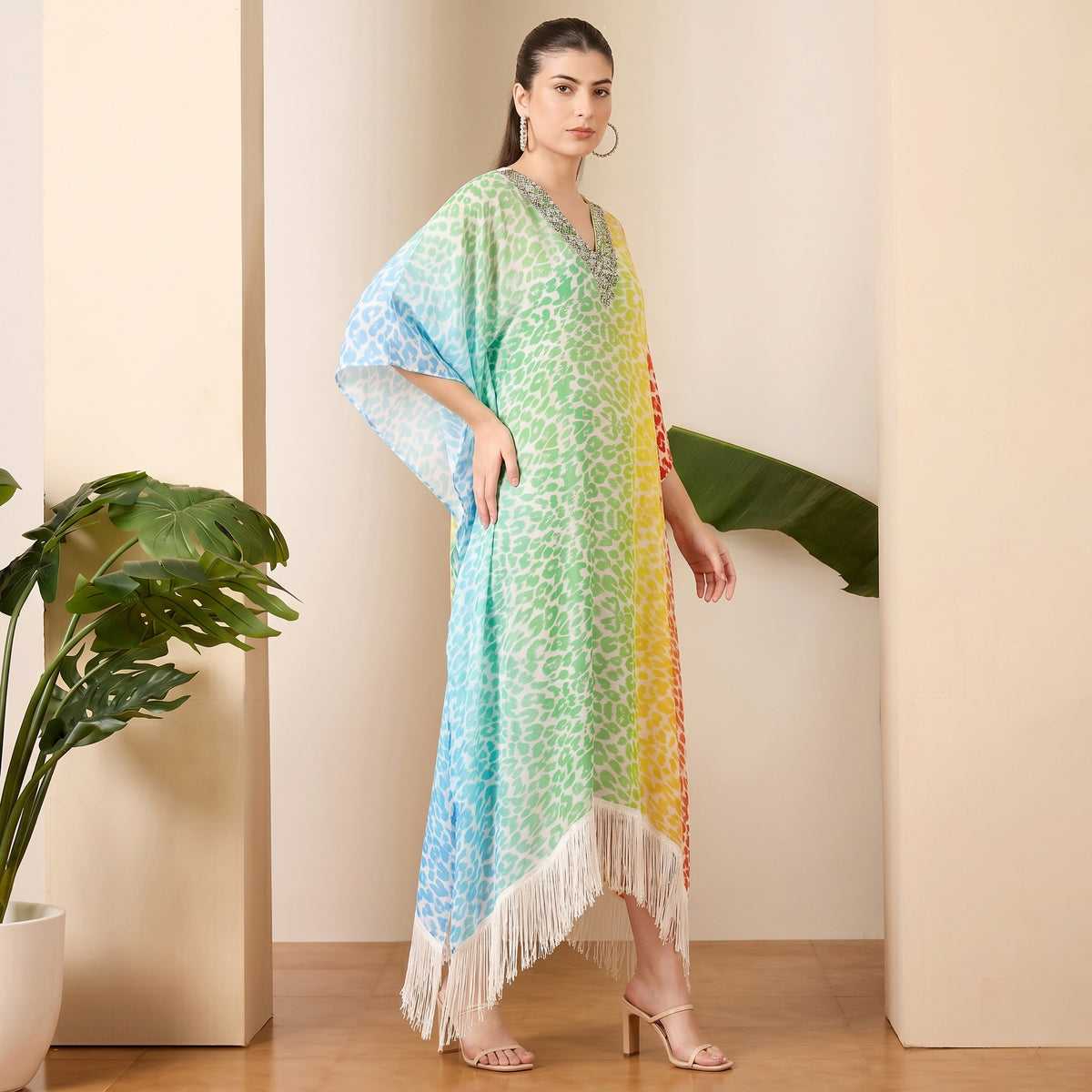 Multicolour Animal Print Kaftan for Women – Embellished | First Resort by Ramola Bachchan