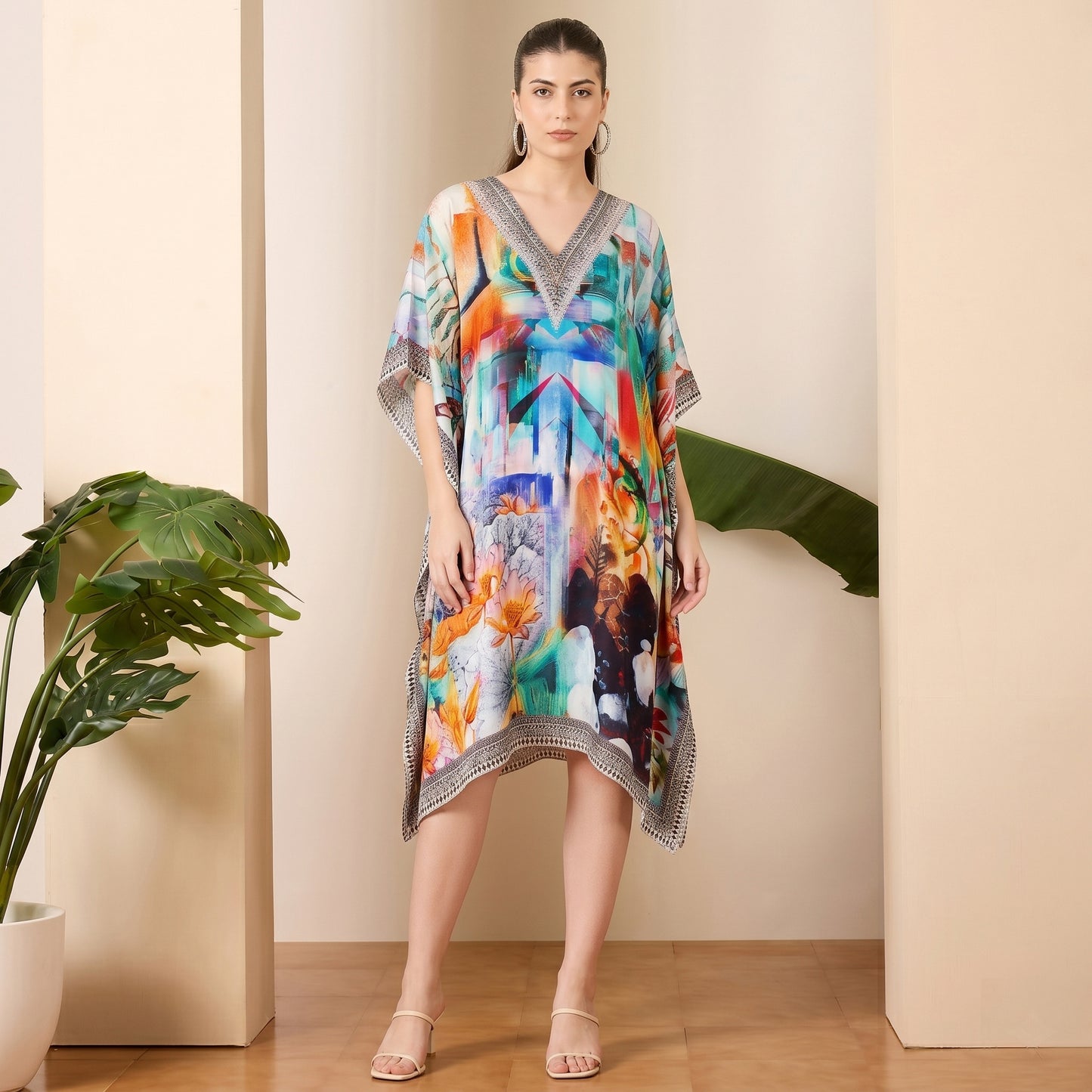 Blue And Orange Abstract Print Kaftan for Women – Embellished | First Resort by Ramola Bachchan