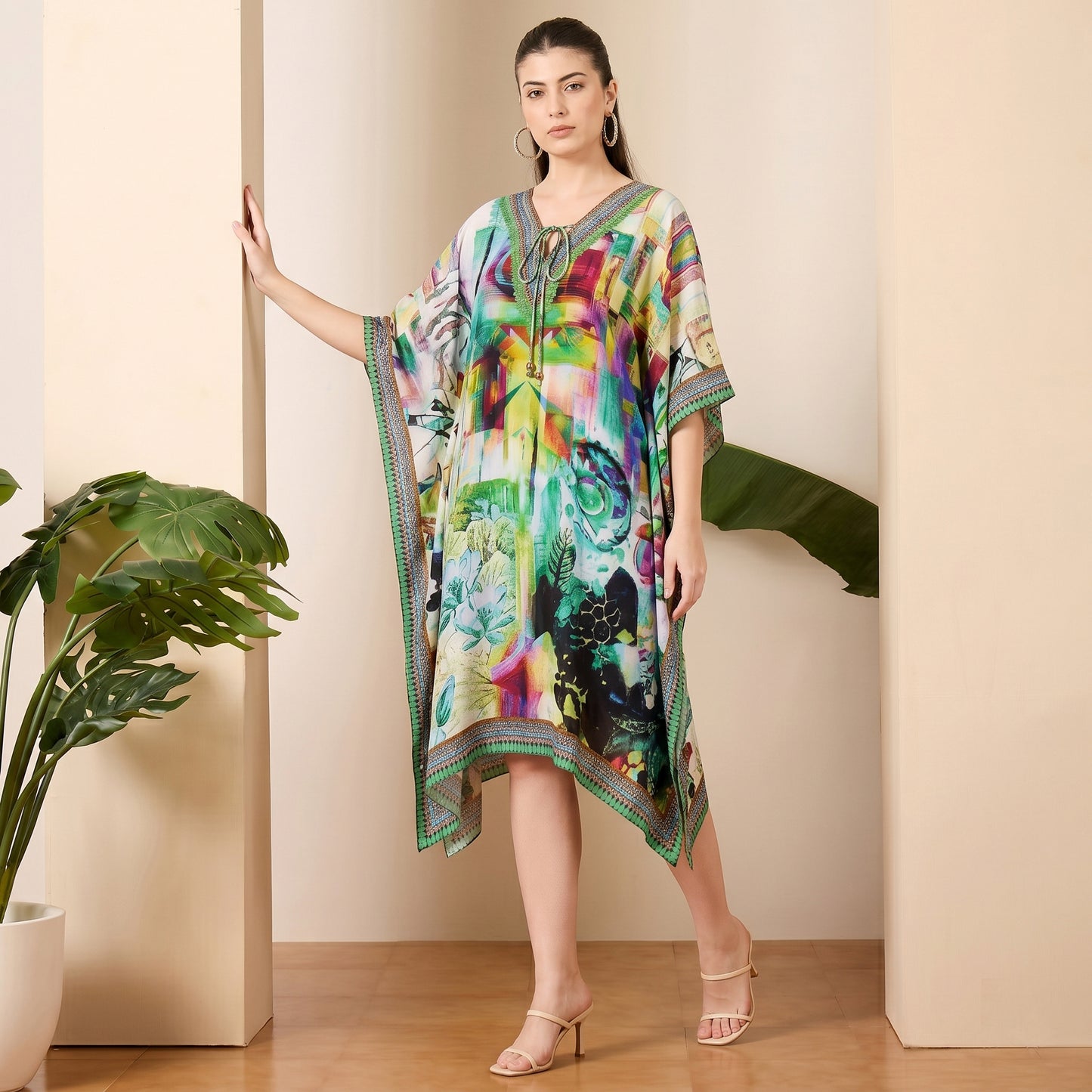 Green Abstract Print Kaftan for Women – Embellished | First Resort by Ramola Bachchan