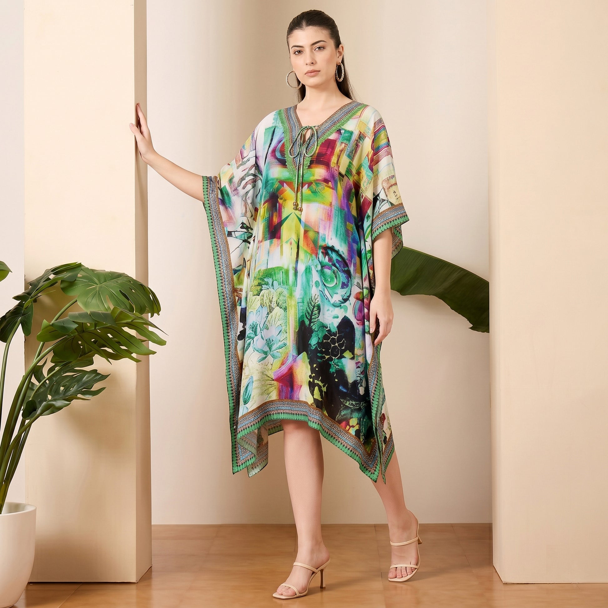 Green Abstract Print Kaftan for Women – Embellished | First Resort by Ramola Bachchan