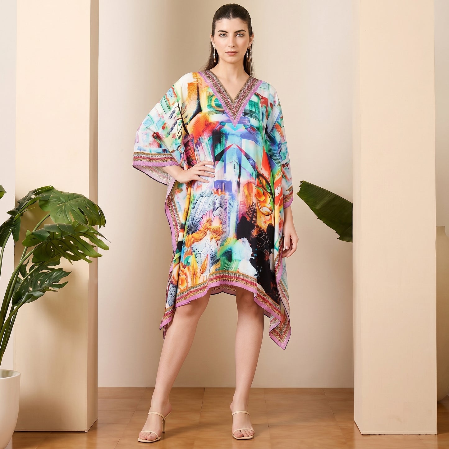 Multicolour Abstract Print Kaftan for Women – Embellished | First Resort by Ramola Bachchan