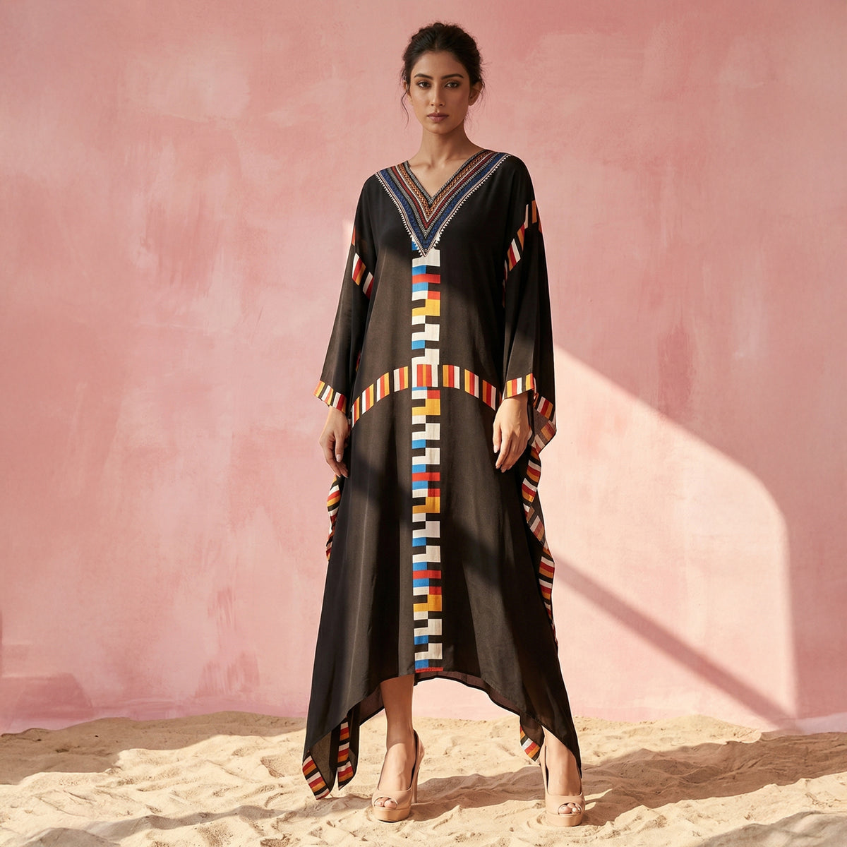 Black Geometric Print Kaftan for Women – Viscose Crepe | First Resort by Ramola Bachchan