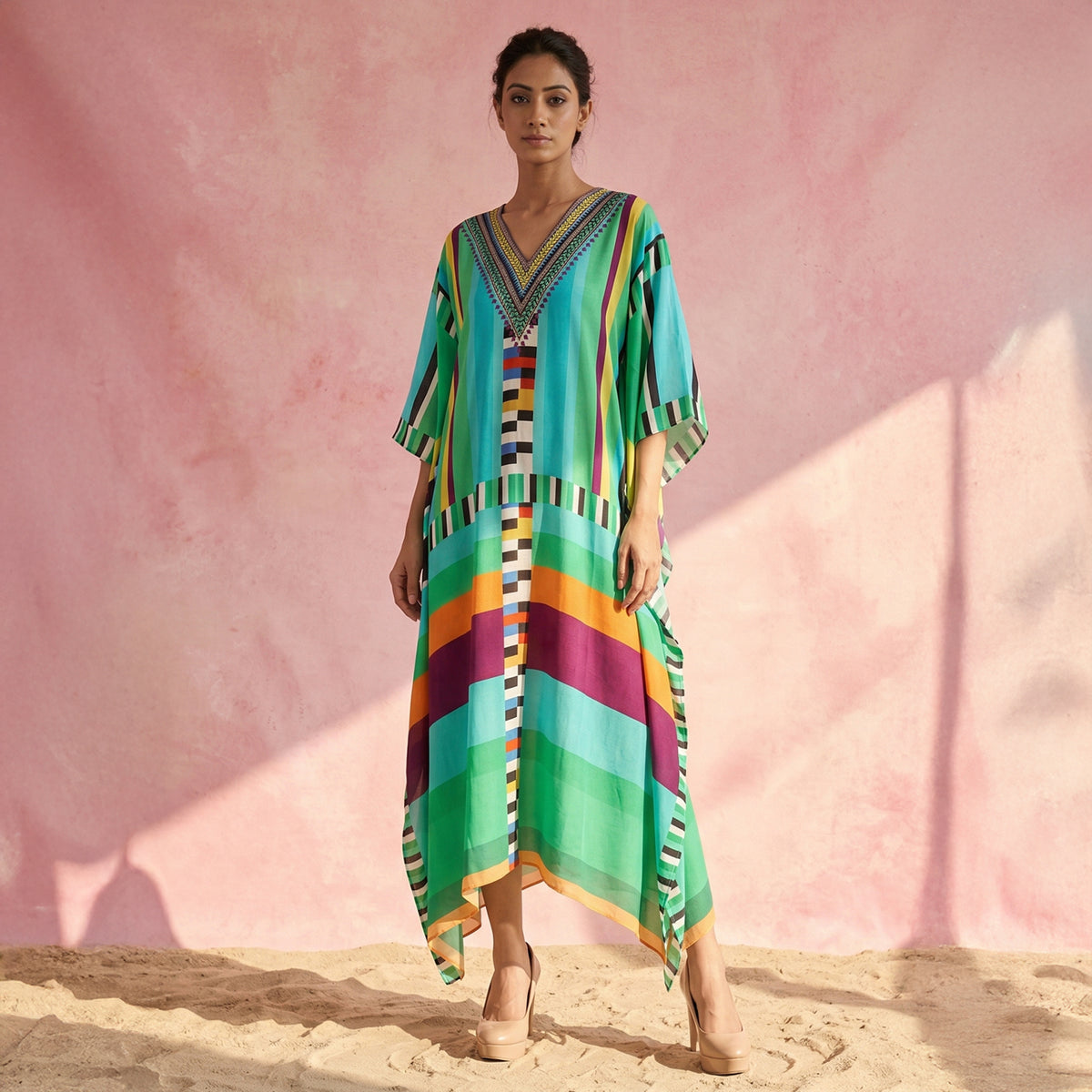 Blue And Green Geometric Print Kaftan for Women – Viscose Crepe | First Resort by Ramola Bachchan