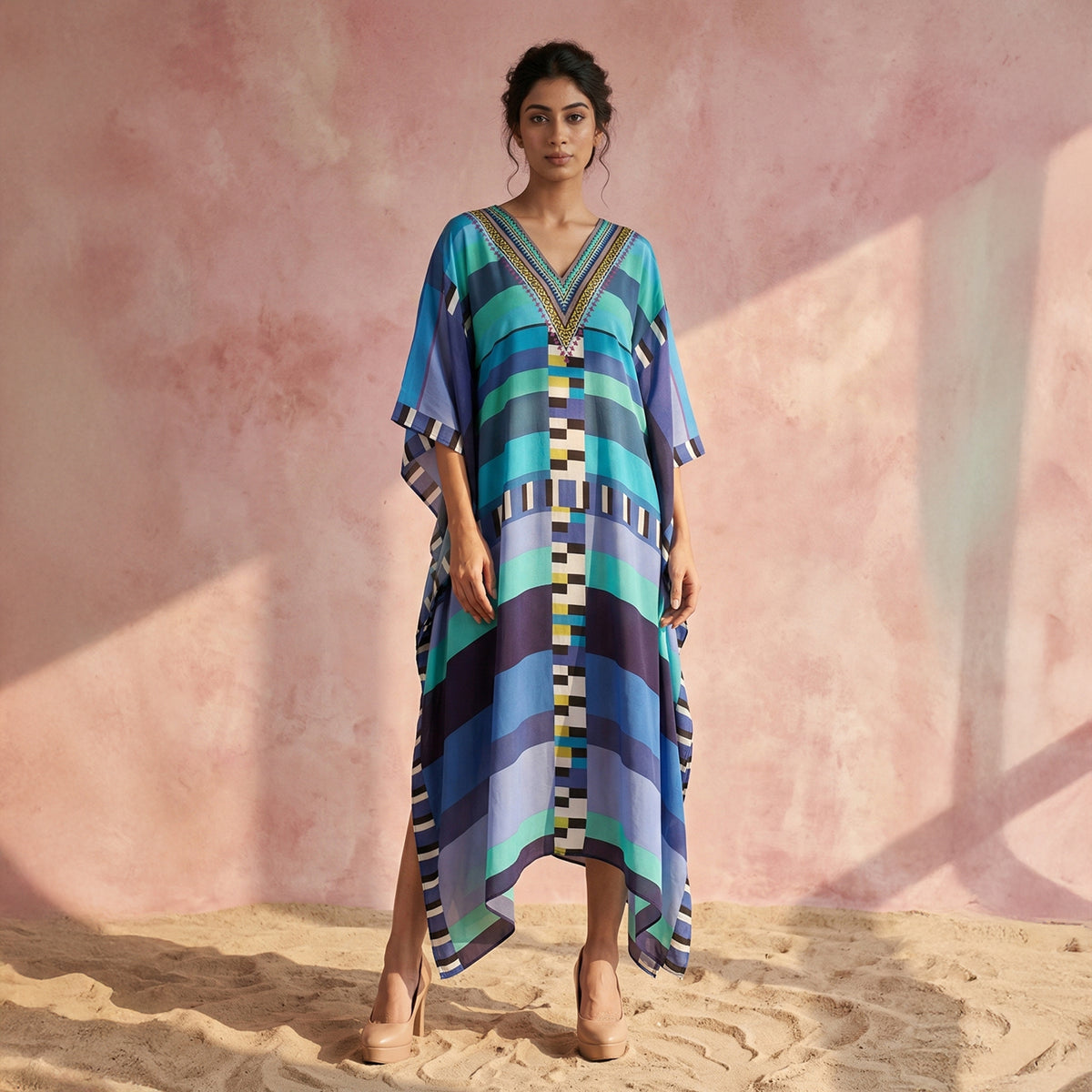 Blue Geometric Print Kaftan for Women – Viscose Crepe | First Resort by Ramola Bachchan