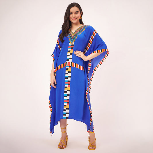 Navy Blue Geometric Mid Length Kaftan