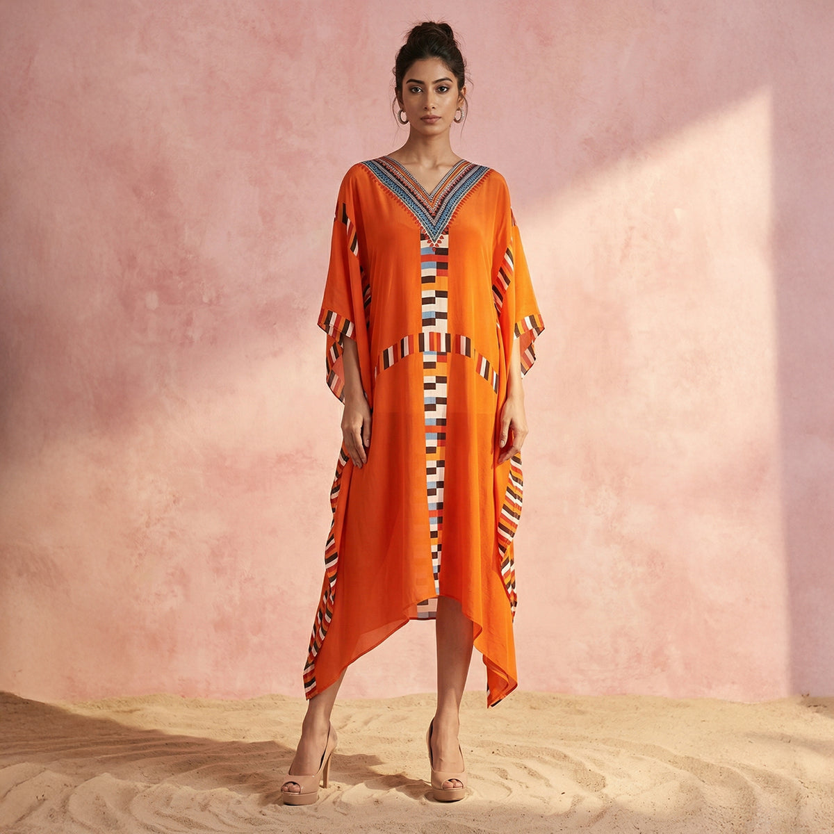 Orange Geometric Print Kaftan for Women – Viscose Crepe | First Resort by Ramola Bachchan