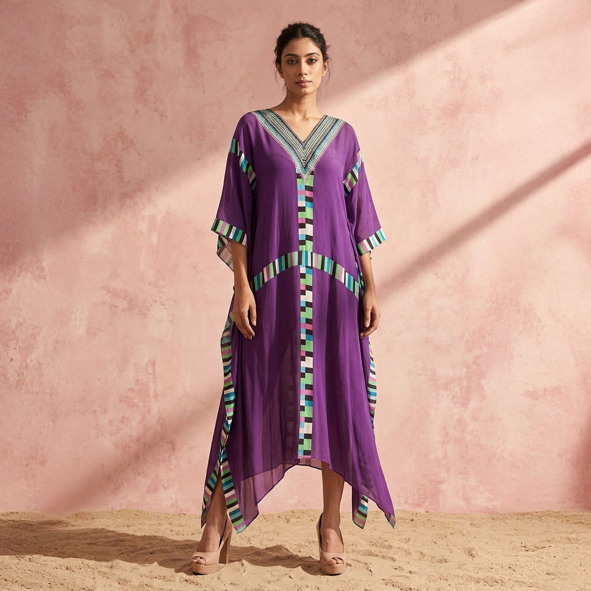 Purple Geometric Print Kaftan for Women – Viscose Crepe | First Resort by Ramola Bachchan