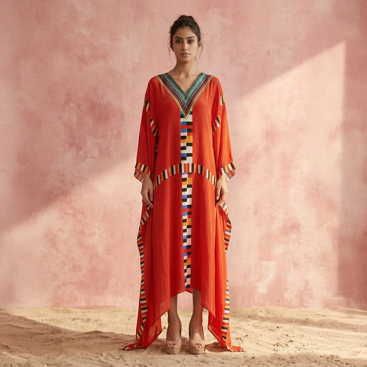 Red Geometric Print Kaftan for Women – Viscose Crepe | First Resort by Ramola Bachchan