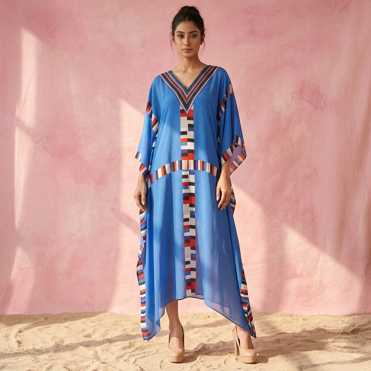 Royal Blue Geometric Print Kaftan for Women – Viscose Crepe | First Resort by Ramola Bachchan